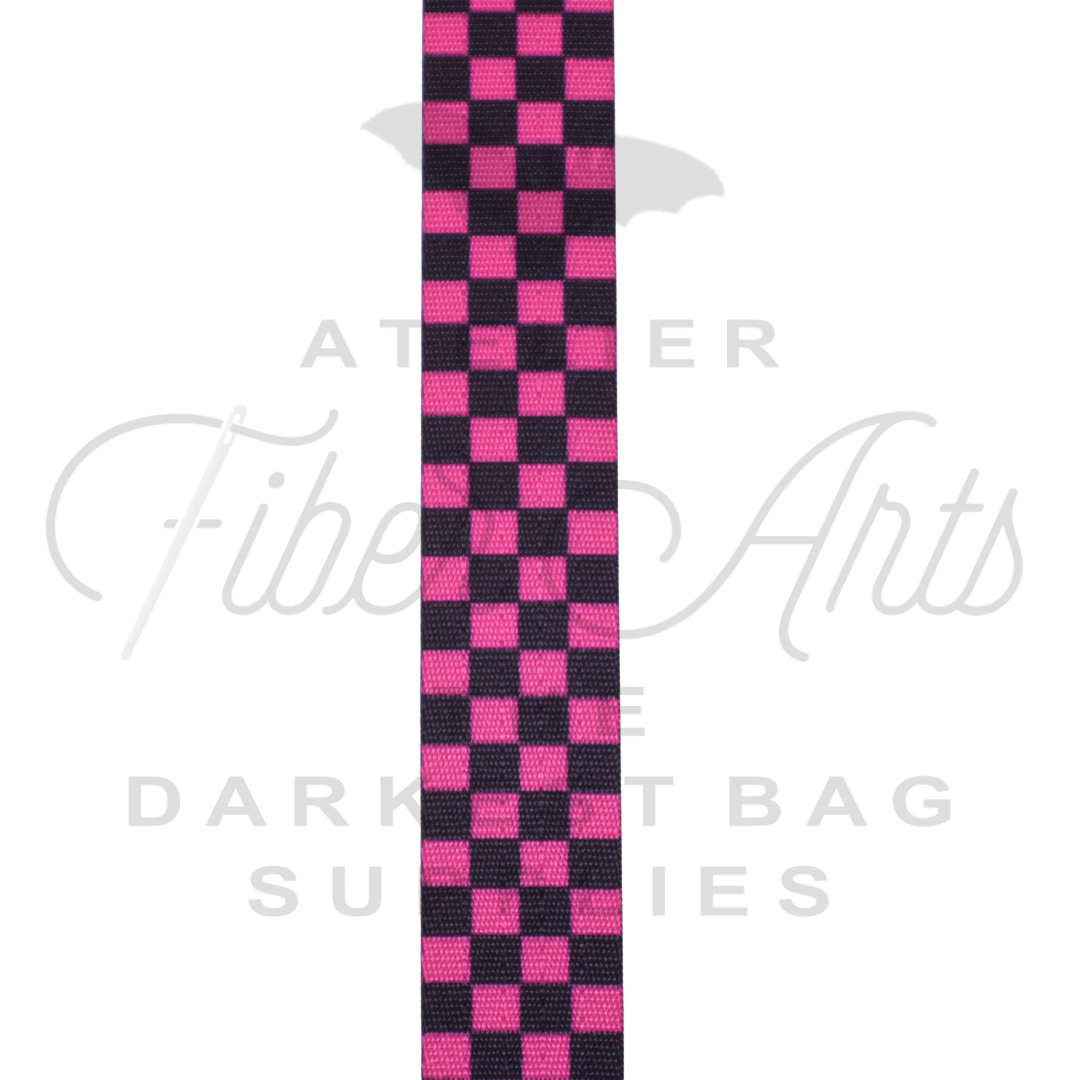 Webbing - Hot Pink Checkerboard - 25mm (1in) sold by the meter at Atelier Fiber Arts