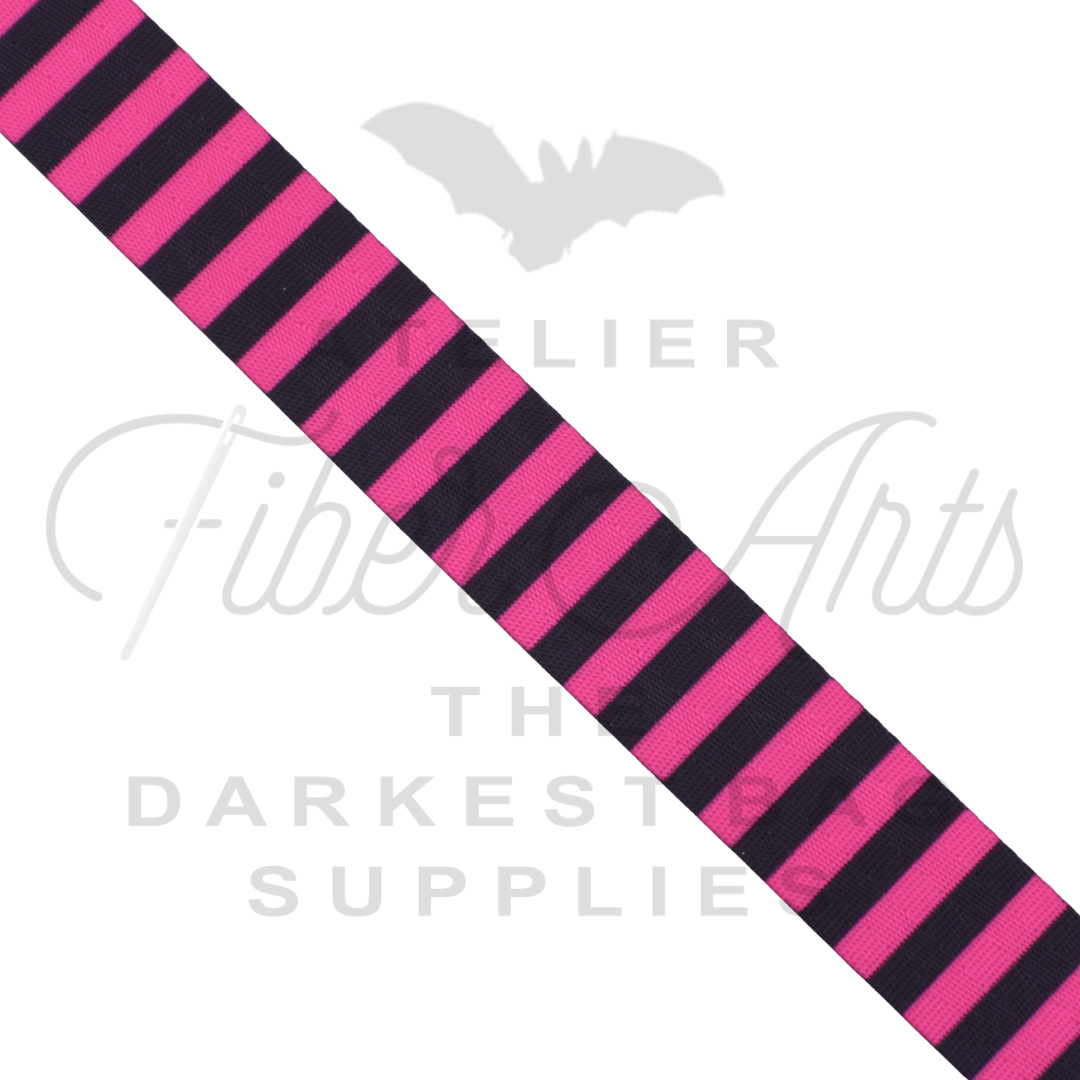 Webbing - Hot Pink and Black Stripes - 25mm (1in) sold by the meter at Atelier Fiber Arts