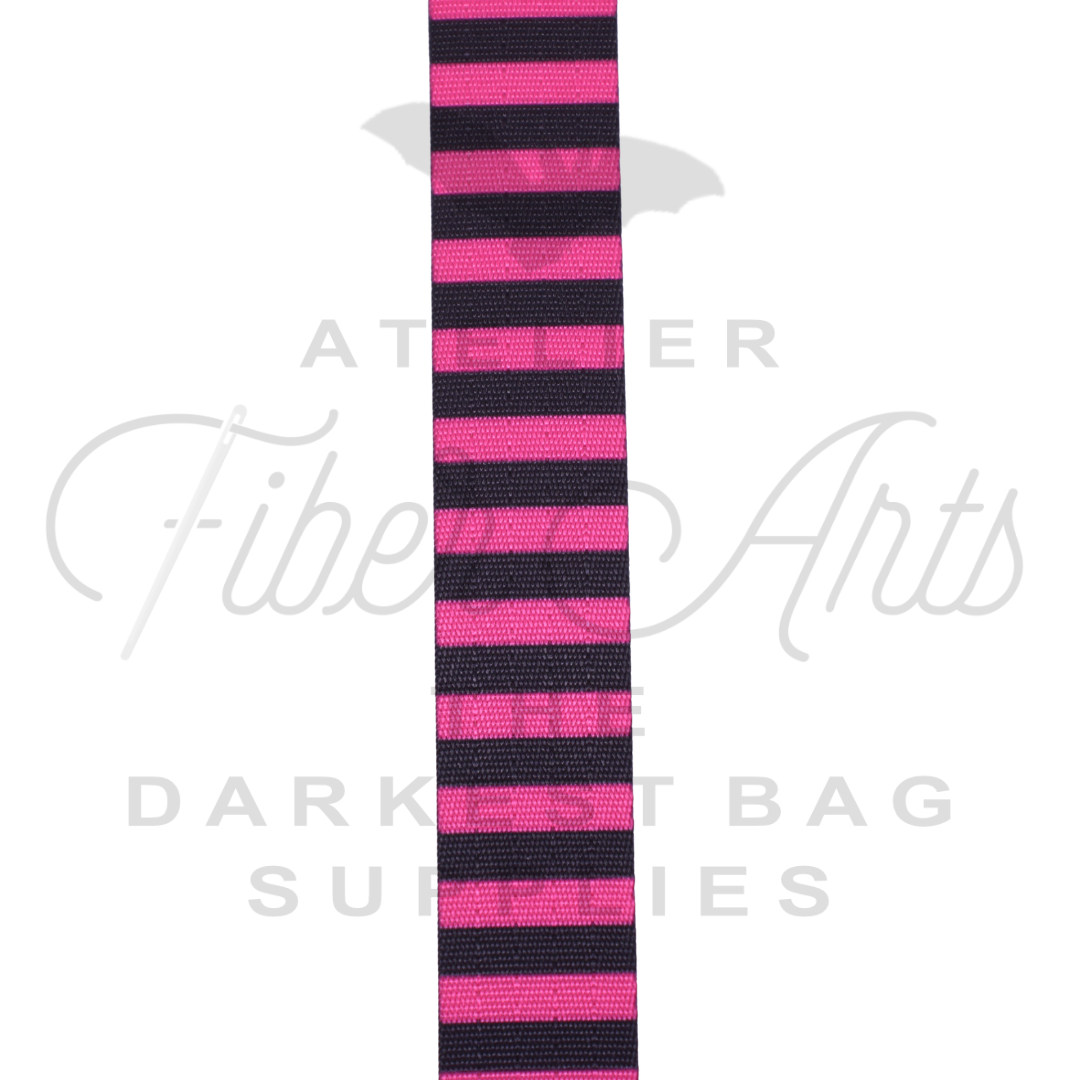Webbing - Hot Pink and Black Stripes - 25mm (1in) sold by the meter at Atelier Fiber Arts