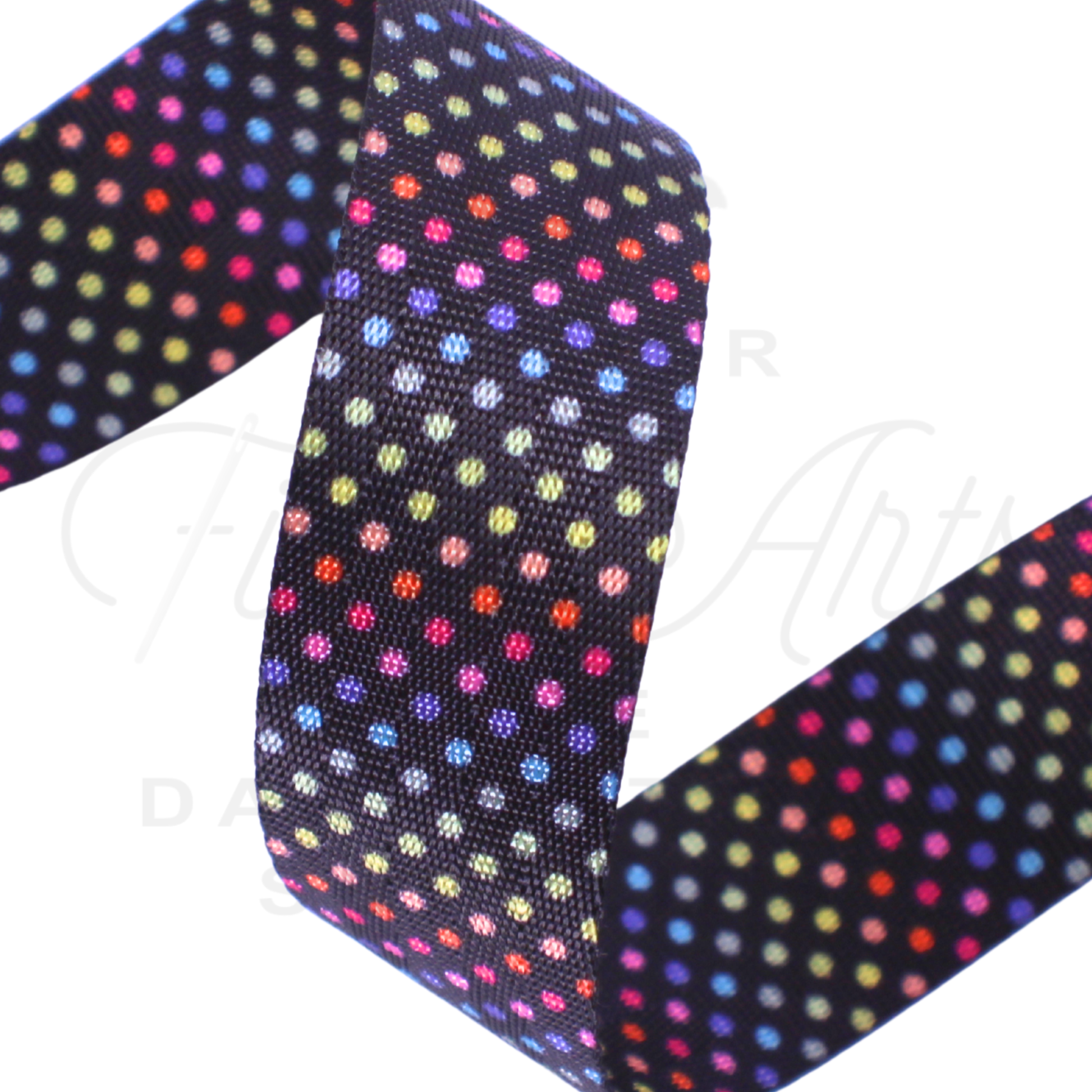 Webbing - Multicolour Dots - 25mm (1in) sold by the meter at Atelier Fiber Arts