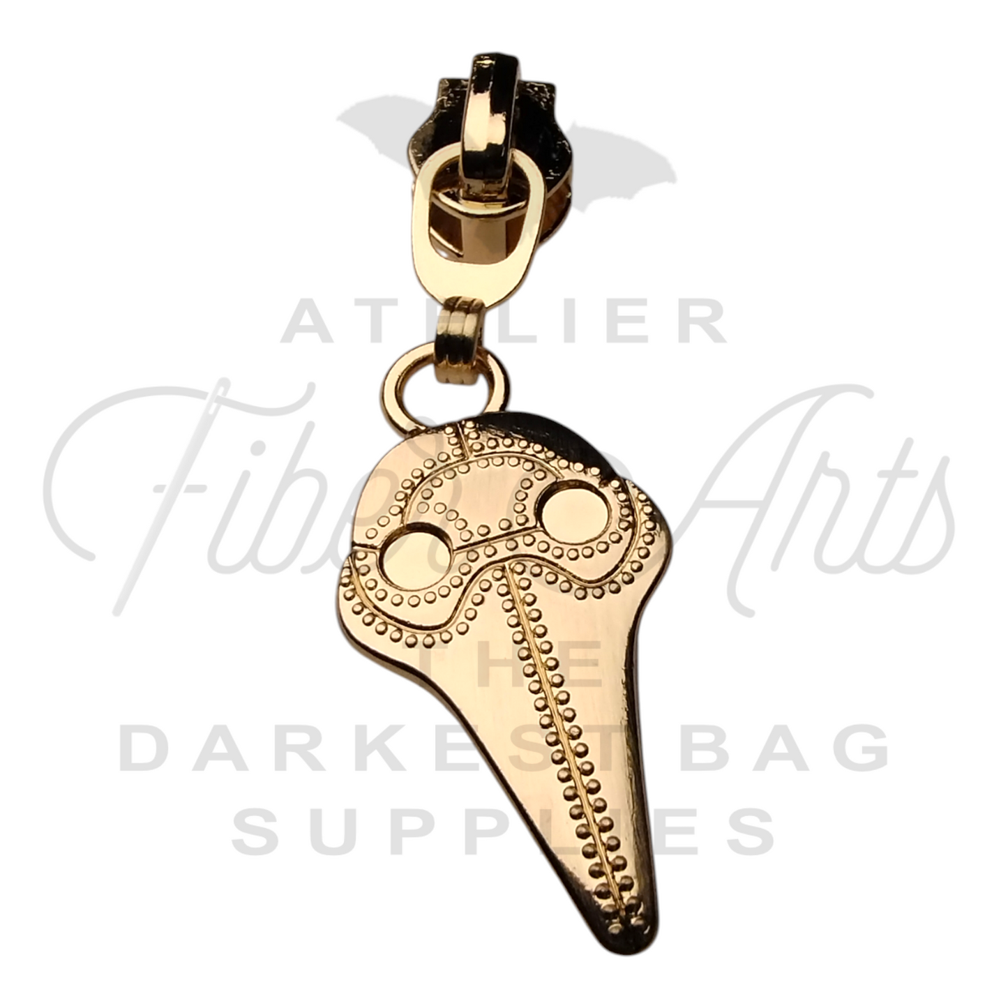 #5 Plague Doc Zipper Pulls in Brushed Gold at Atelier Fiber Arts