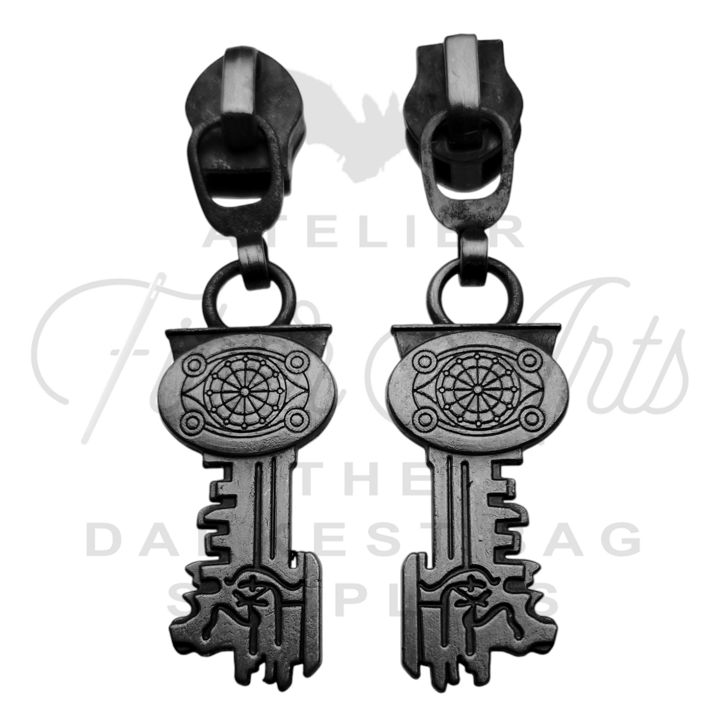 #5 Thir13en Hotel Key Zipper Pulls in Antique Steel at Atelier Fiber Arts