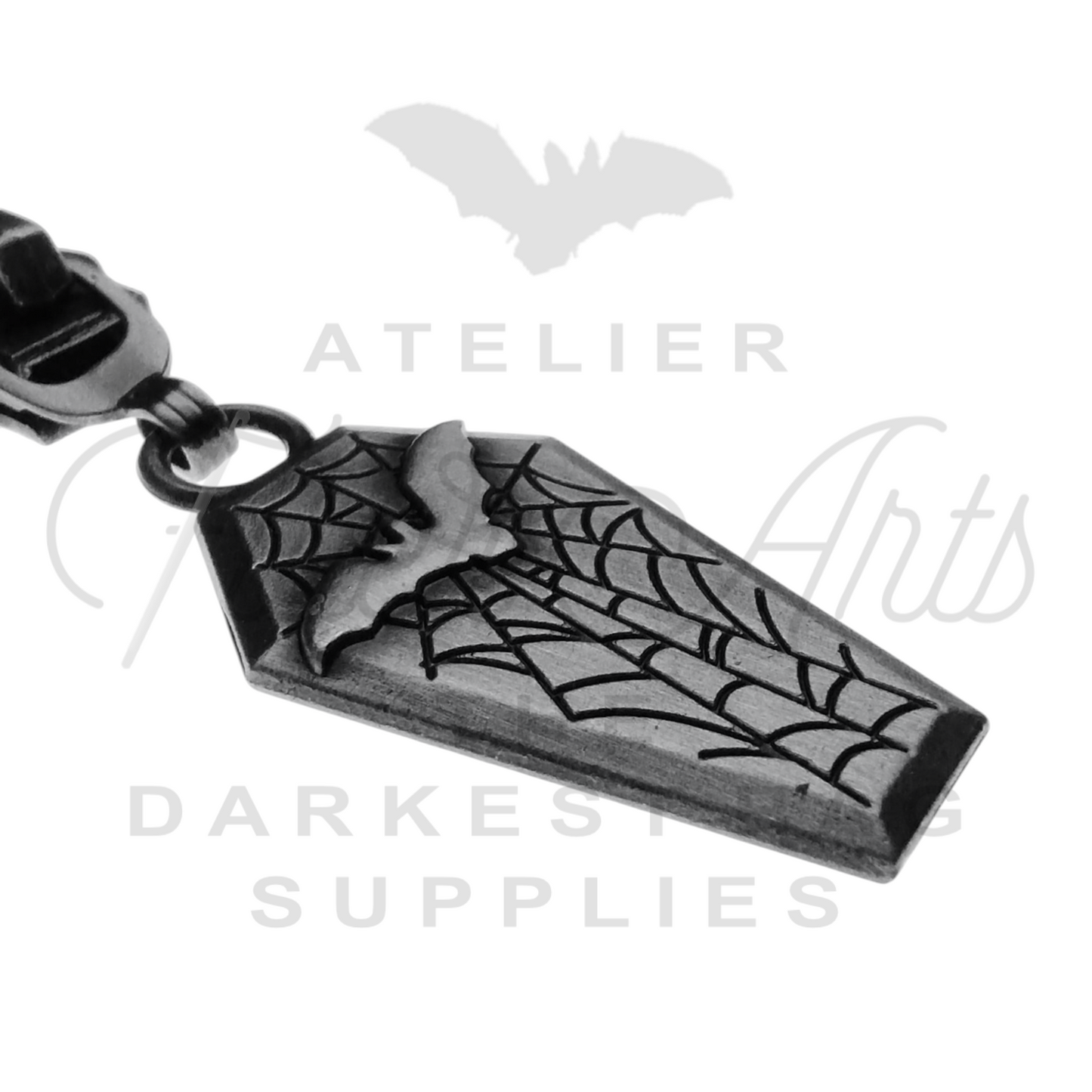 #5 Bat Coffin Zipper Pulls in Antique Steel at Atelier Fiber Arts