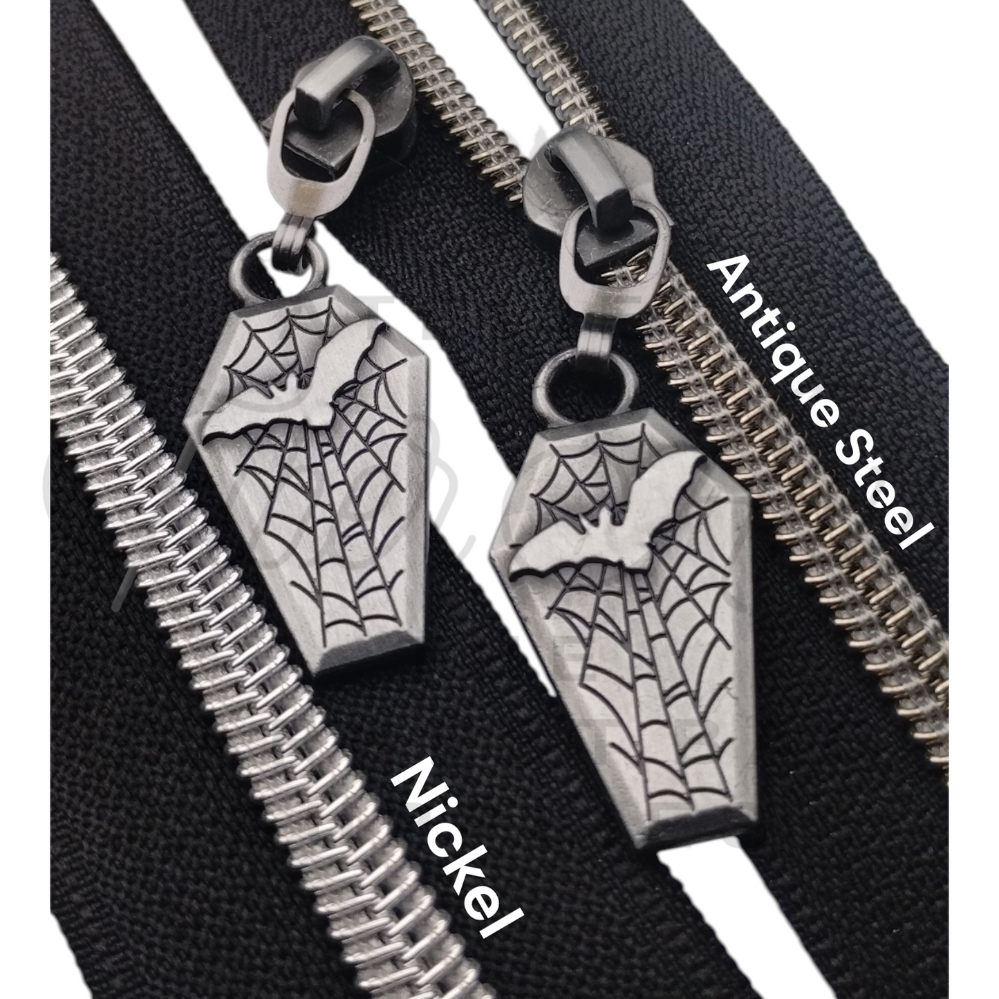 #5 Bat Coffin Zipper Pulls in Antique Steel at Atelier Fiber Arts