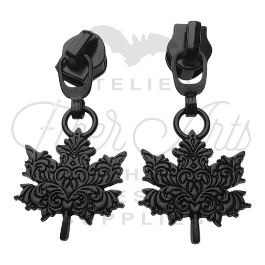 #5 Ornate Maple Leaf Zipper Pulls in Matte Black at Atelier Fiber Arts