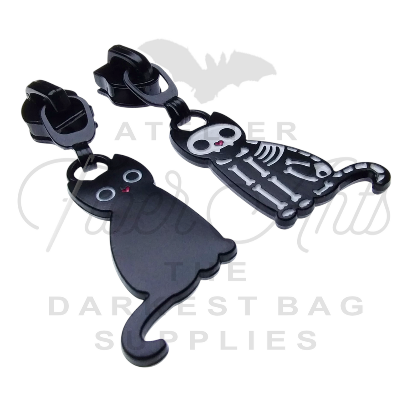 #5 Skelekitty Zipper Pulls in Matte Black and Enamel at Atelier Fiber Arts