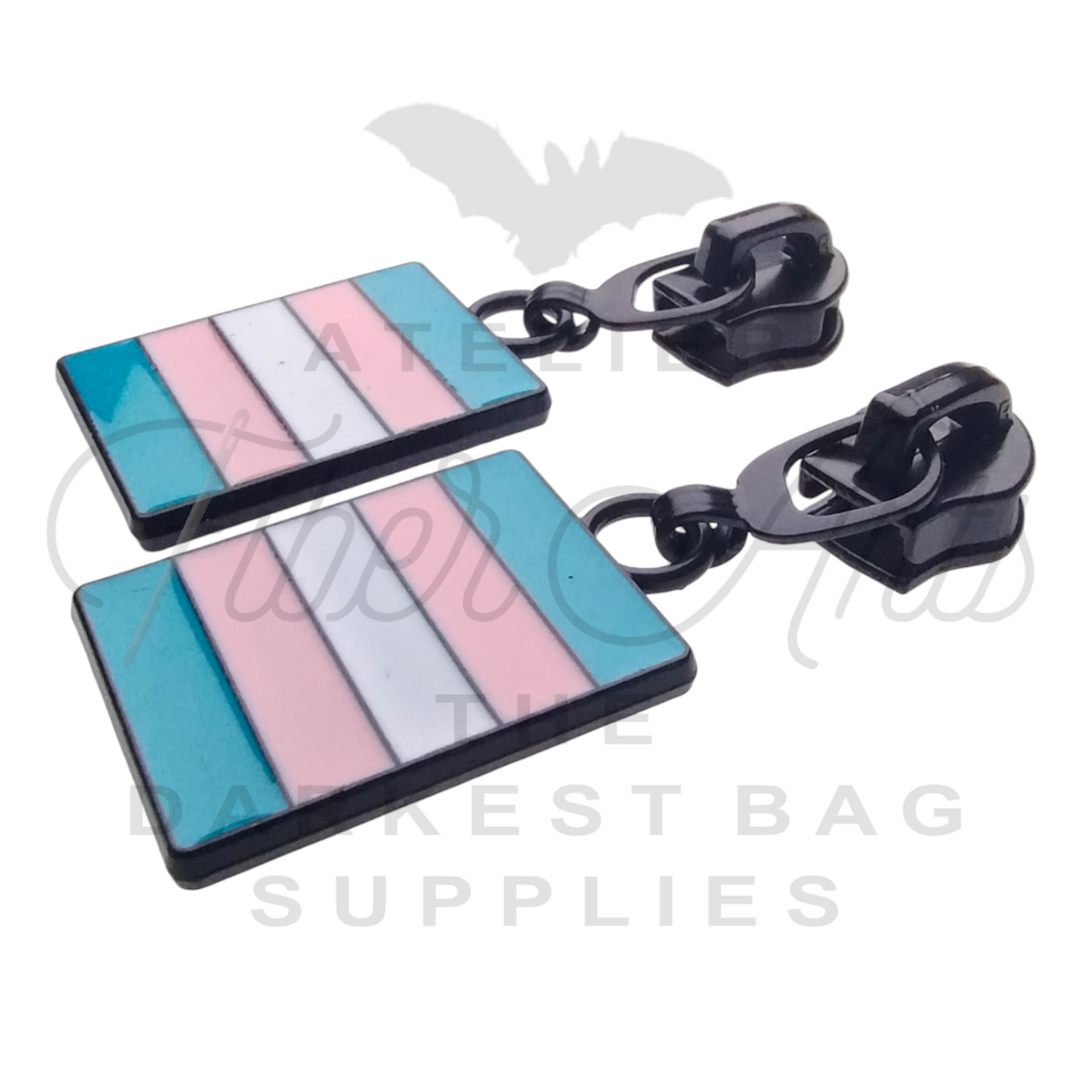 #5 Trans Pride Zipper Pulls in Matte Black and Enamel at Atelier Fiber Arts