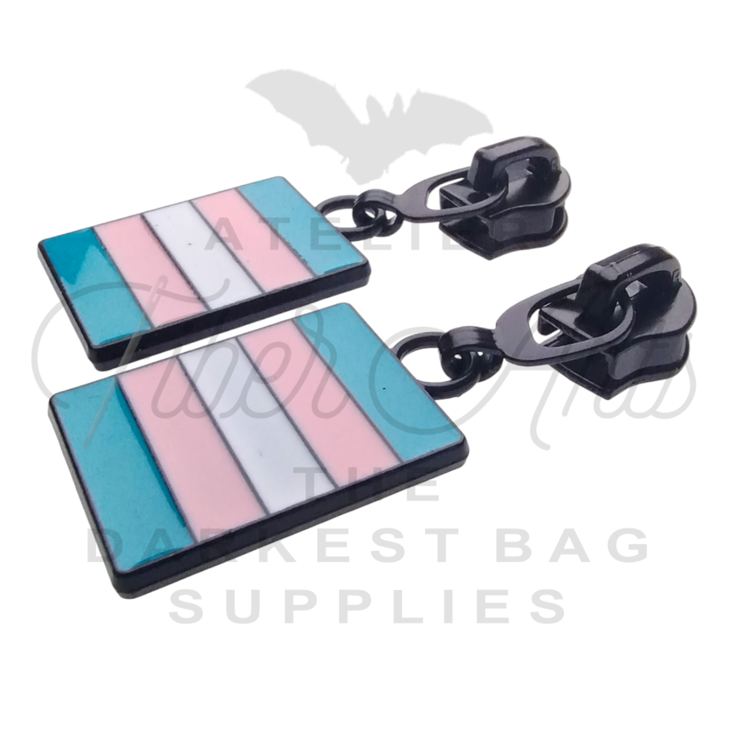 #5 Trans Pride Zipper Pulls in Matte Black and Enamel at Atelier Fiber Arts