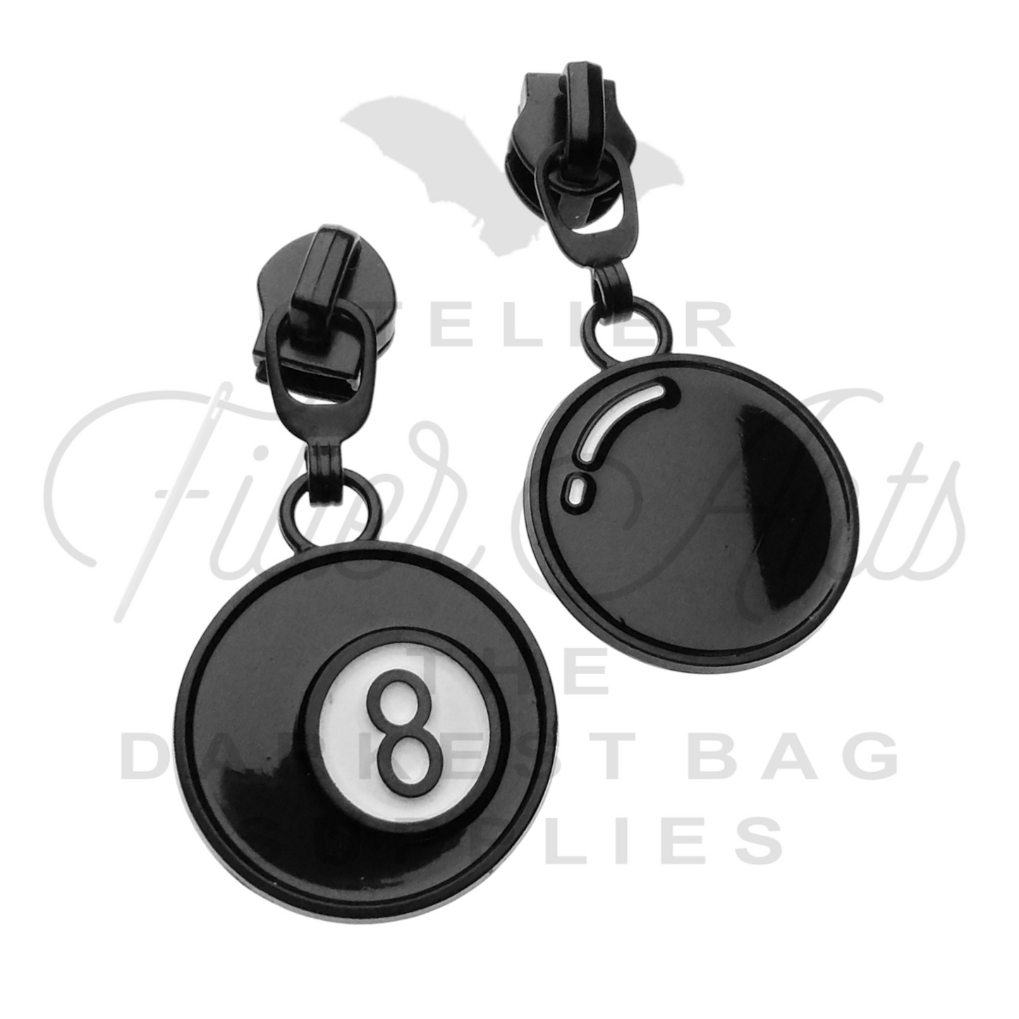 #5 8-Ball Zipper Pulls in Matte Black and Enamel at Atelier Fiber Arts
