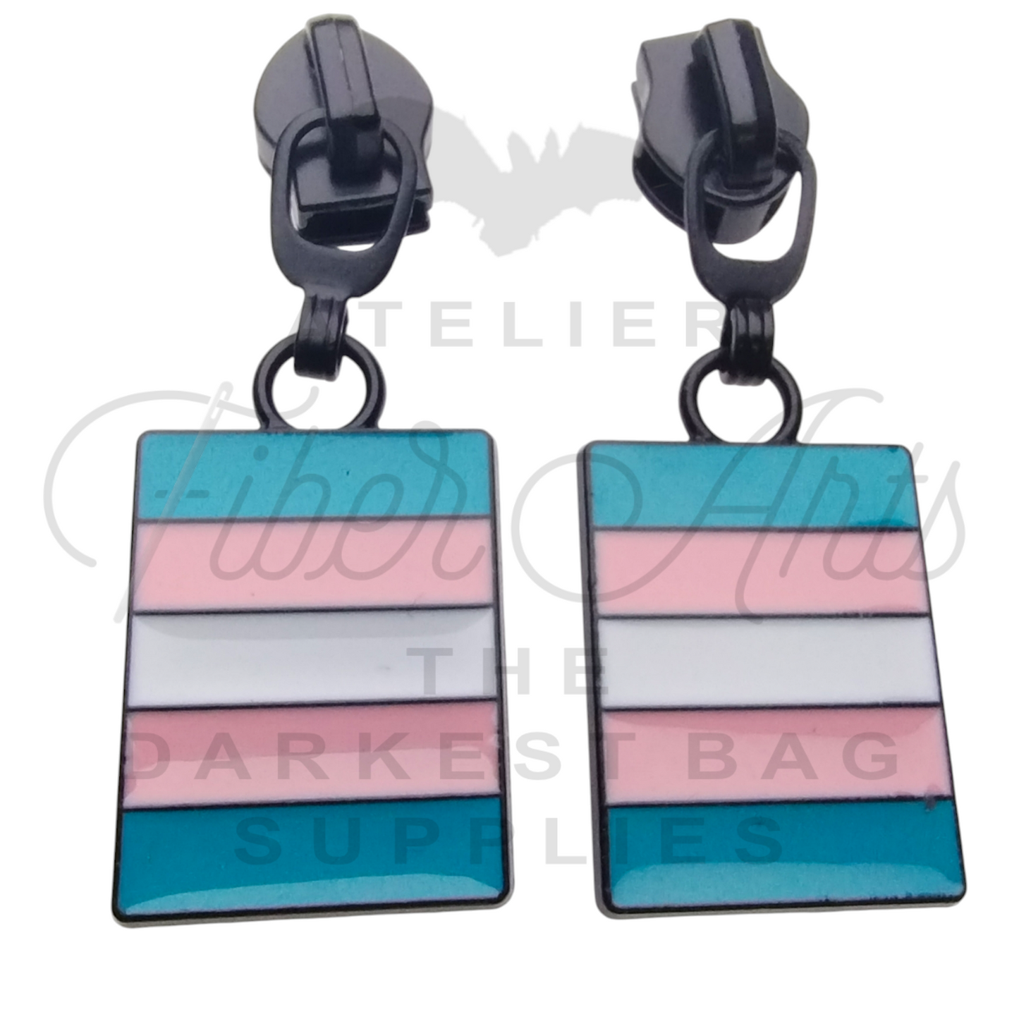 #5 Trans Pride Zipper Pulls in Matte Black and Enamel at Atelier Fiber Arts