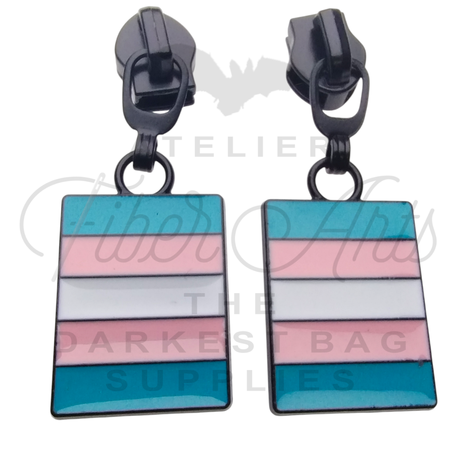 #5 Trans Pride Zipper Pulls in Matte Black and Enamel at Atelier Fiber Arts