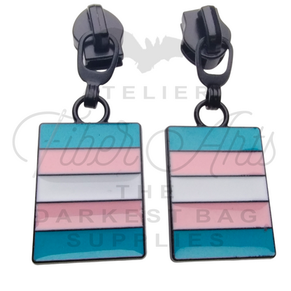 #5 Trans Pride Zipper Pulls in Matte Black and Enamel at Atelier Fiber Arts