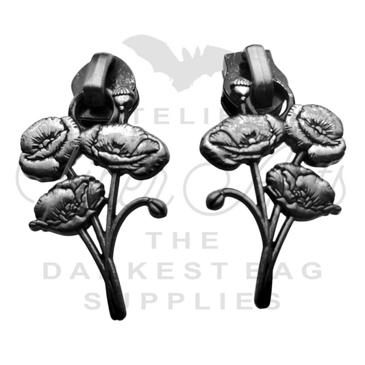 #5 Poppies Zipper Pulls in Antique Steel at Atelier Fiber Arts