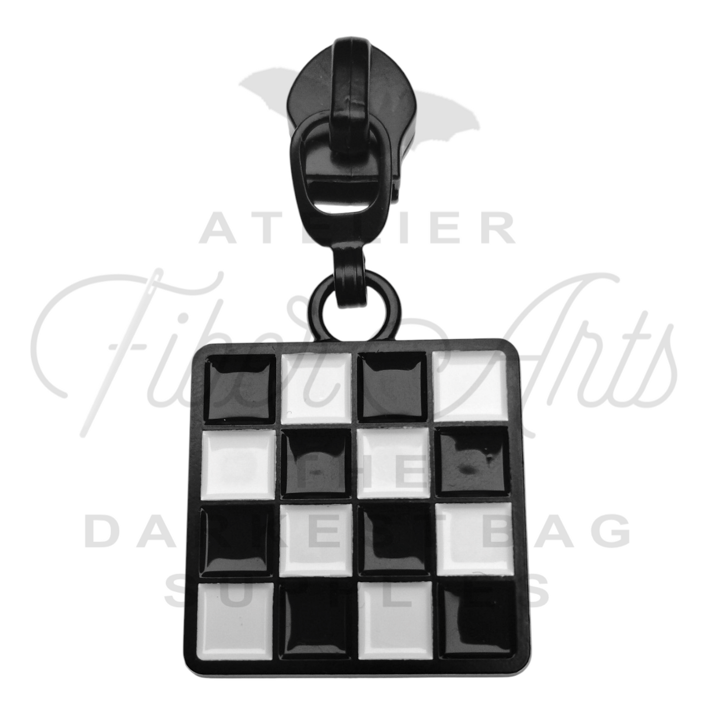 #5 Checkerboard Zipper Pulls in Matte Black and Enamel at Atelier Fiber Arts