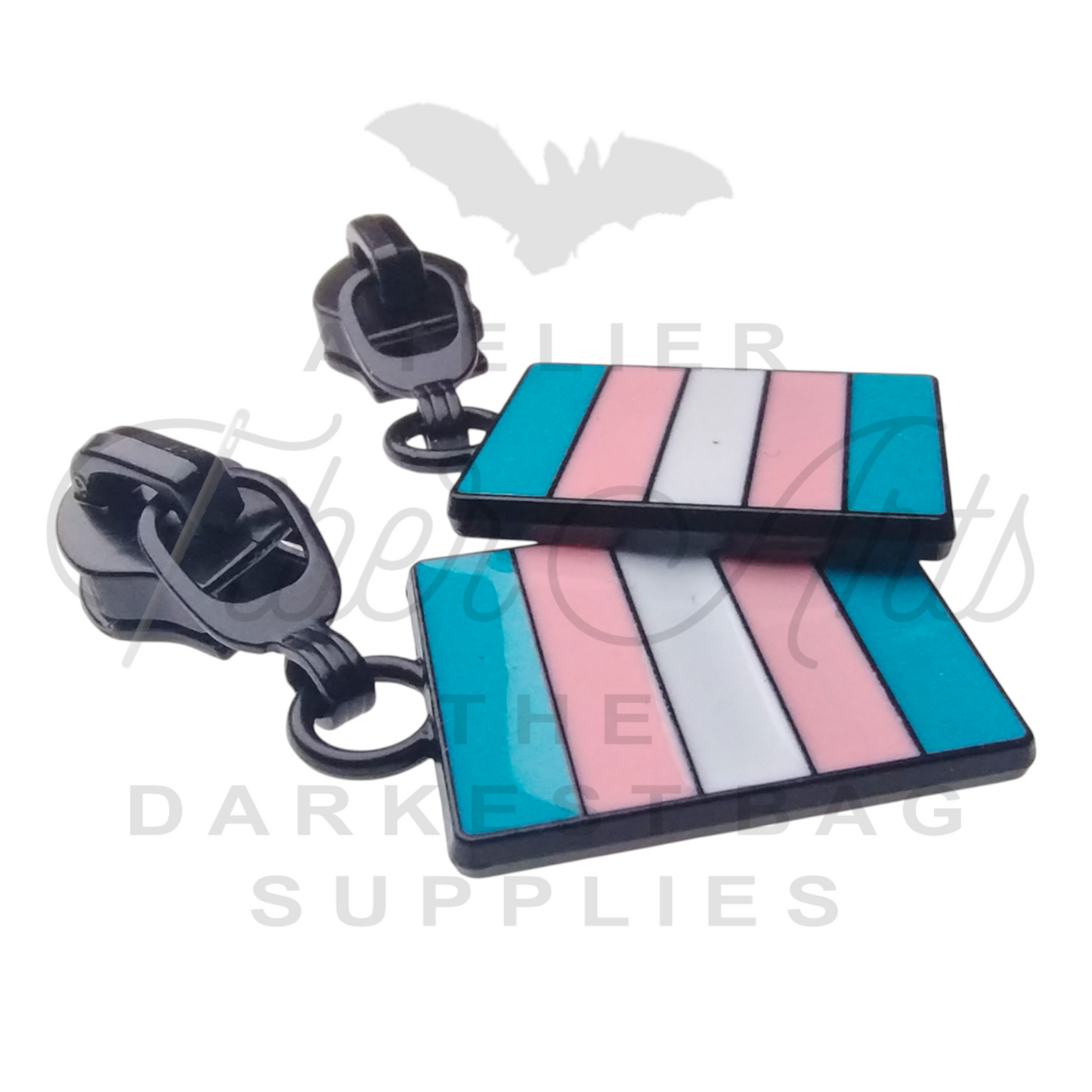 #5 Trans Pride Zipper Pulls in Matte Black and Enamel at Atelier Fiber Arts