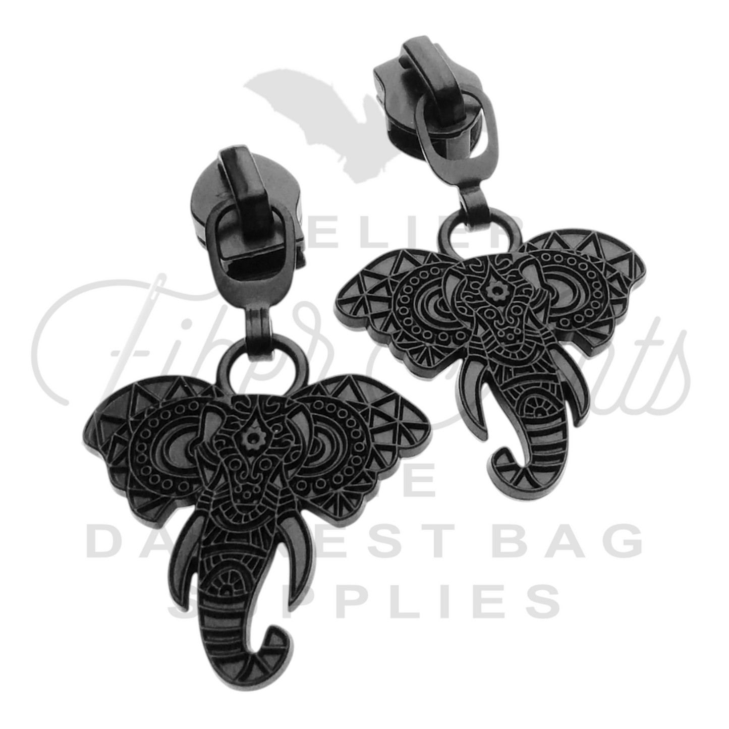 #5 Ornate Elephant Zipper Pulls in Matte Black at Atelier Fiber Arts