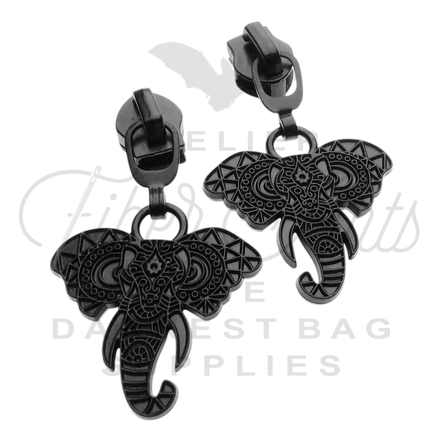 #5 Ornate Elephant Zipper Pulls in Matte Black at Atelier Fiber Arts