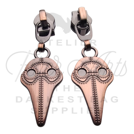 #5 Plague Doc Zipper Pulls in Brushed Copper at Atelier Fiber Arts