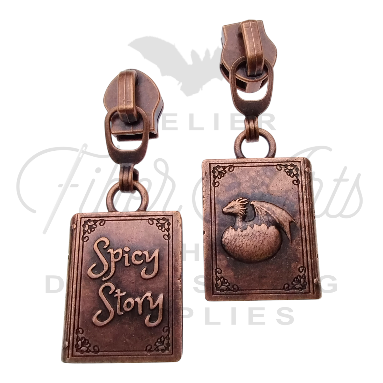 #5 Spicy Story Zipper Pulls in Antique Copper at Atelier Fiber Arts
