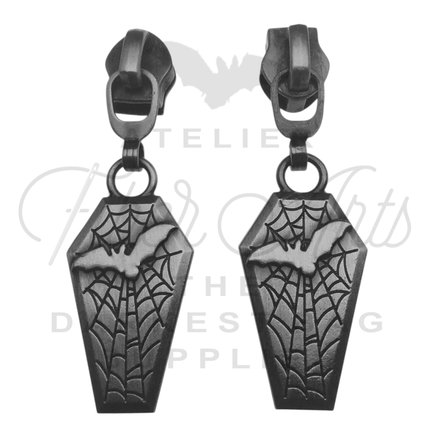#5 Bat Coffin Zipper Pulls in Antique Steel at Atelier Fiber Arts