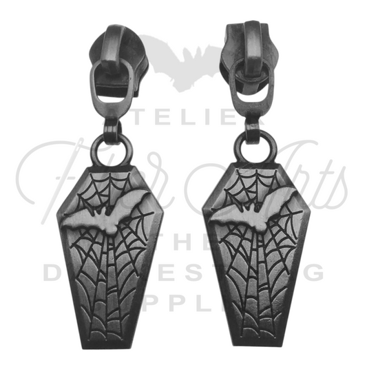 #5 Bat Coffin Zipper Pulls in Antique Steel at Atelier Fiber Arts