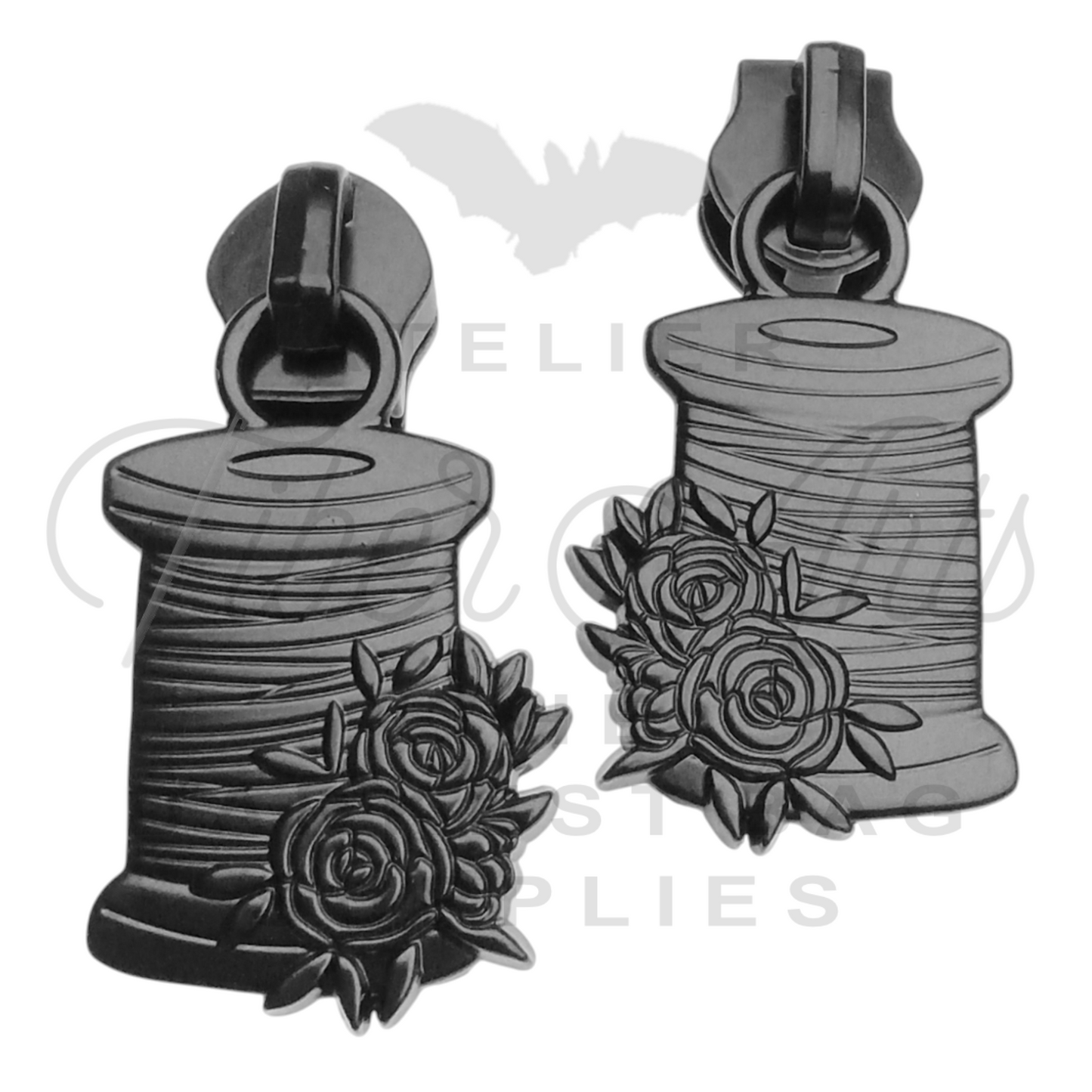 #5 Spool of Thread Zipper Pulls in Matte Black at Atelier Fiber Arts