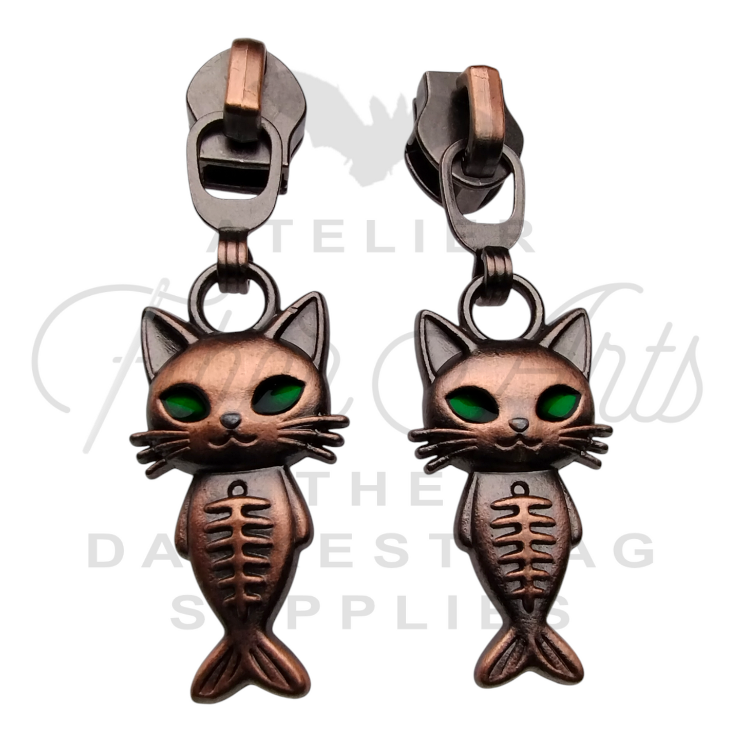 #5 Mercat with Green Eyes Zipper Pulls in Antique Copper at Atelier Fiber Arts