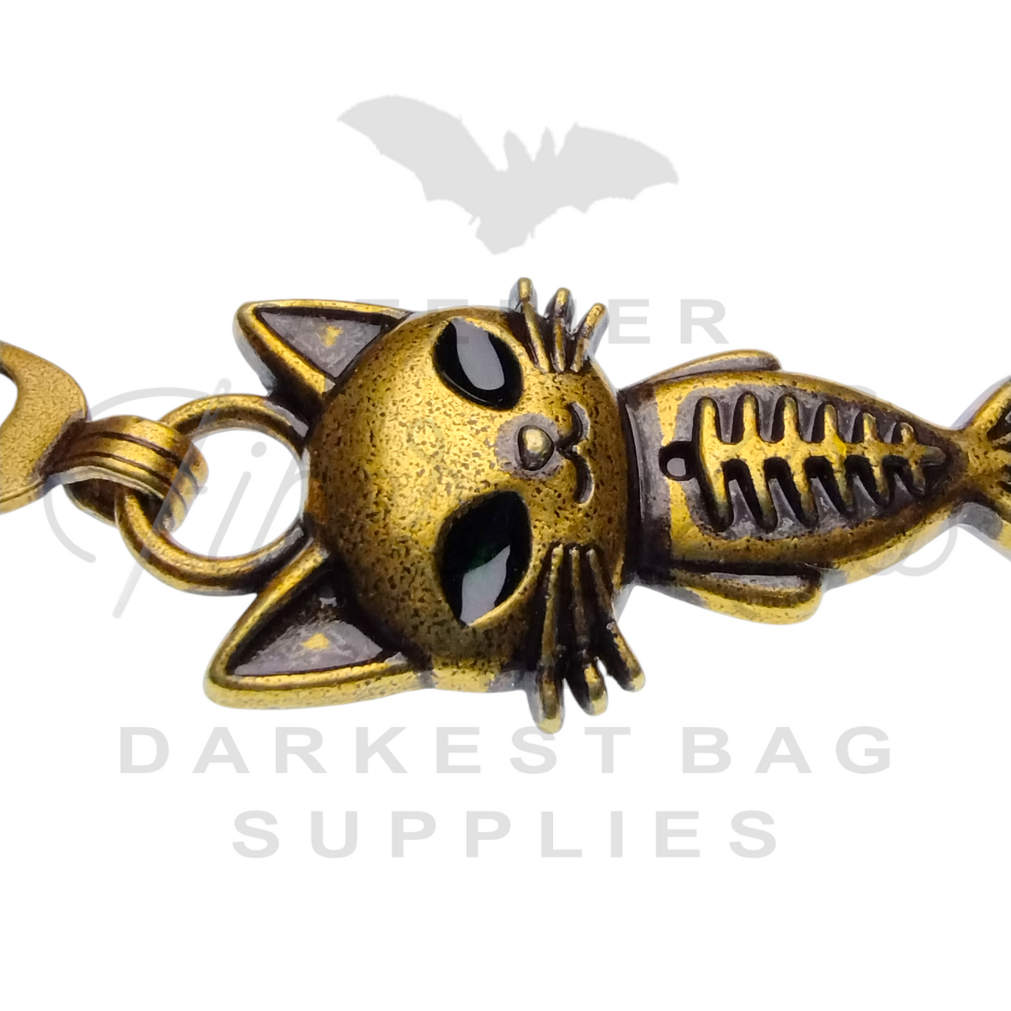 #5 Mercat with Green Eyes Zipper Pulls in Antique Gold at Atelier Fiber Arts