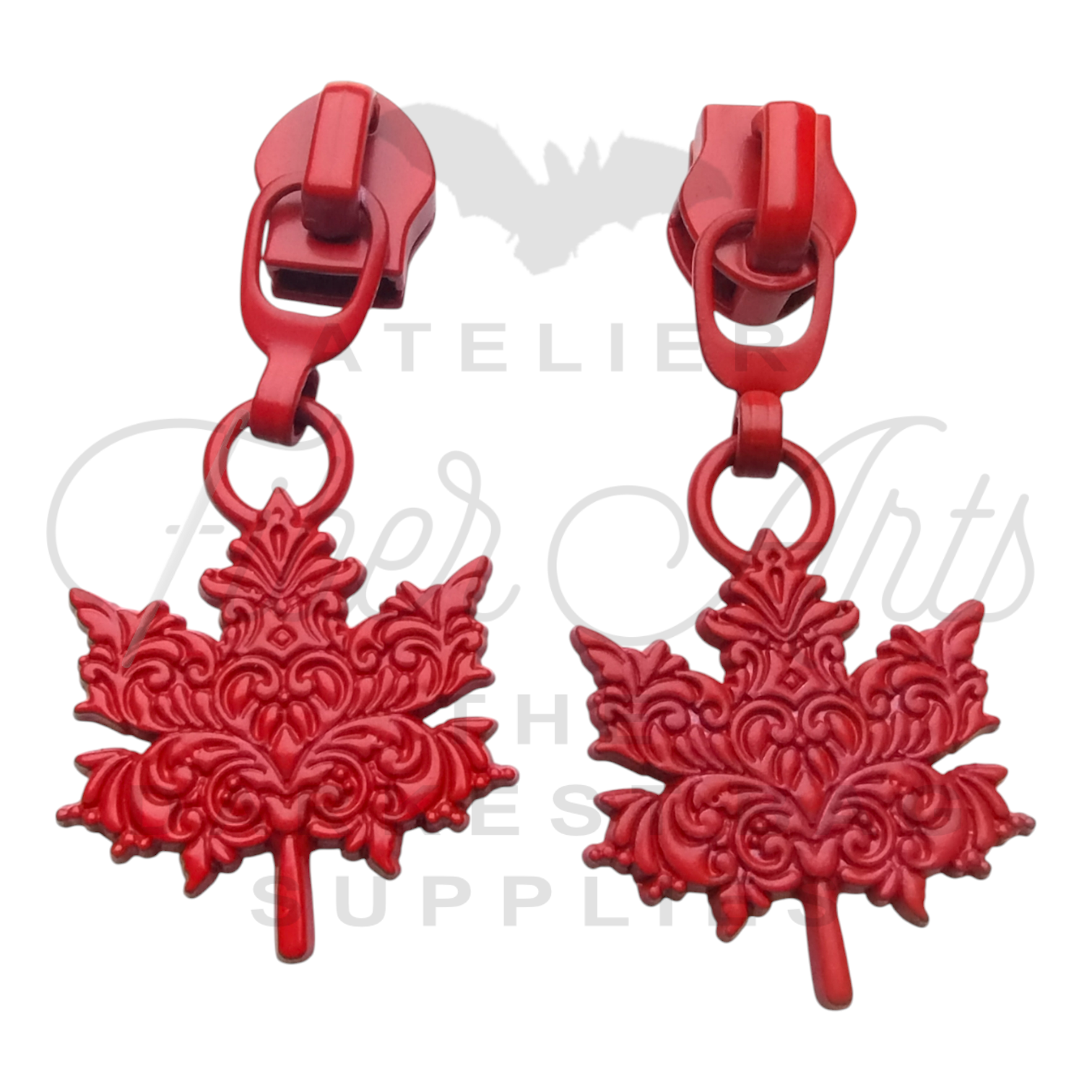 #5 Ornate Maple Leaf Zipper Pulls in Pure Red at Atelier Fiber Arts
