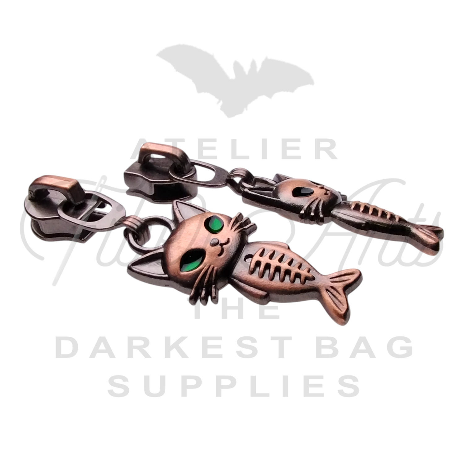 #5 Mercat with Green Eyes Zipper Pulls in Antique Copper at Atelier Fiber Arts