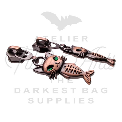 #5 Mercat with Green Eyes Zipper Pulls in Antique Copper at Atelier Fiber Arts