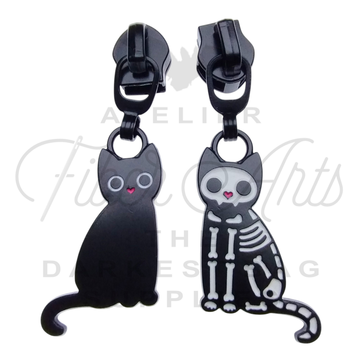 #5 Skelekitty Zipper Pulls in Matte Black and Enamel at Atelier Fiber Arts
