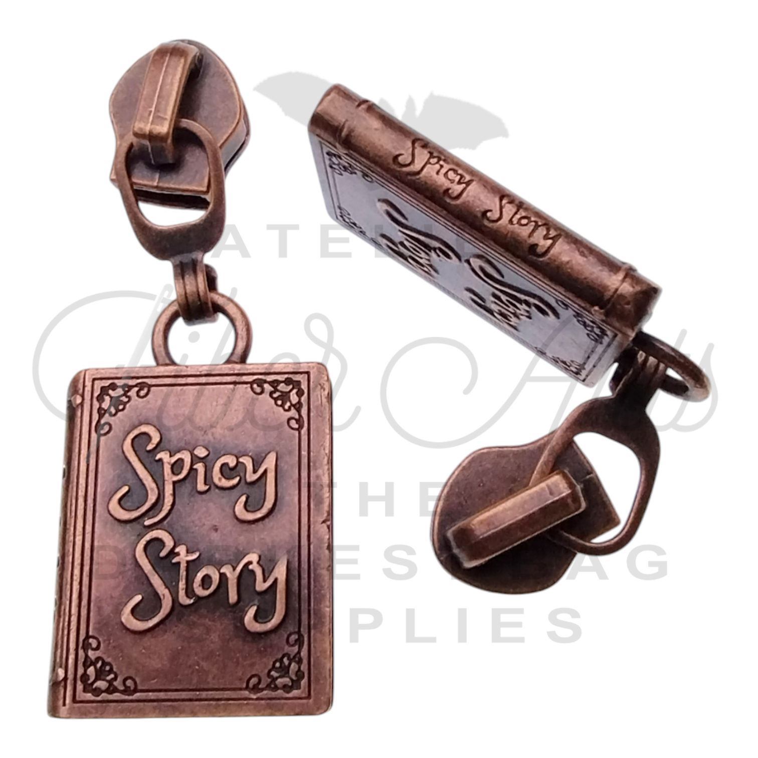 #5 Spicy Story Zipper Pulls in Antique Copper at Atelier Fiber Arts