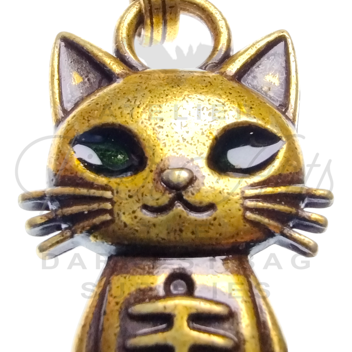 #5 Mercat with Green Eyes Zipper Pulls in Antique Gold at Atelier Fiber Arts