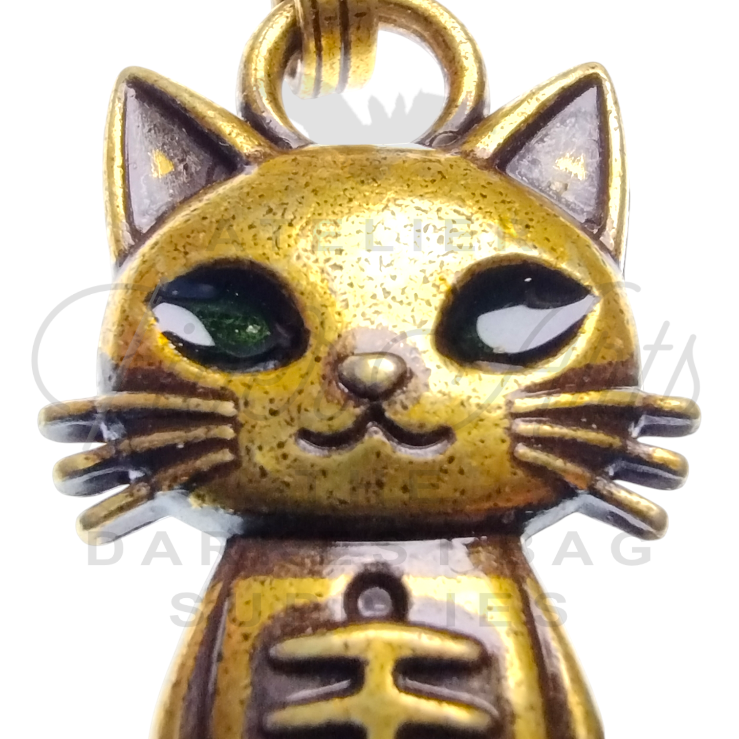 #5 Mercat with Green Eyes Zipper Pulls in Antique Gold at Atelier Fiber Arts