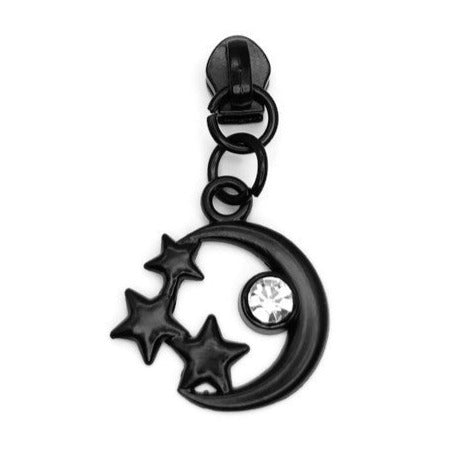 #3 Crescent Moon and Stars Nylon Zipper Pulls Matte Black - 3pcs Atelier Fiber Arts